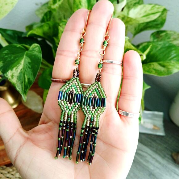 Boho Chic Beaded Cascade Fringe Dangle Earrings, Seed Bead Jewelry, 5" - Picture 4 of 8